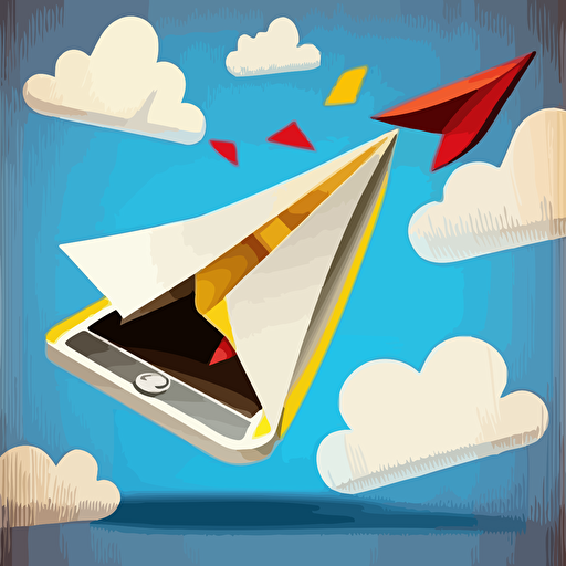 email arriving in inbox on phone, illustration, paper airplane flying around, vector, primary color