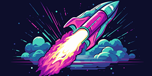 a vector illustration of a rocket blasting off. palette is mainly purple with light blue and a little green