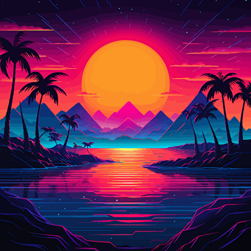 synthwave sunset, neon color, vector, illutration, fluo, wallpaper ar 21:9