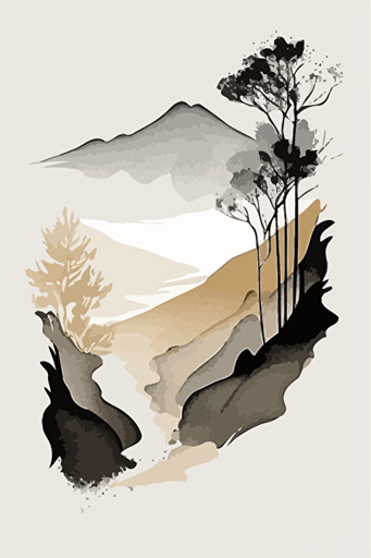 Grey and beige watercolour abstract landscape art, Minimalist, vector, contour
