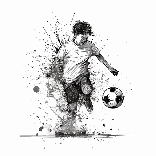 vector illustration ink drawing of young boy kicking a soccer ball with white background