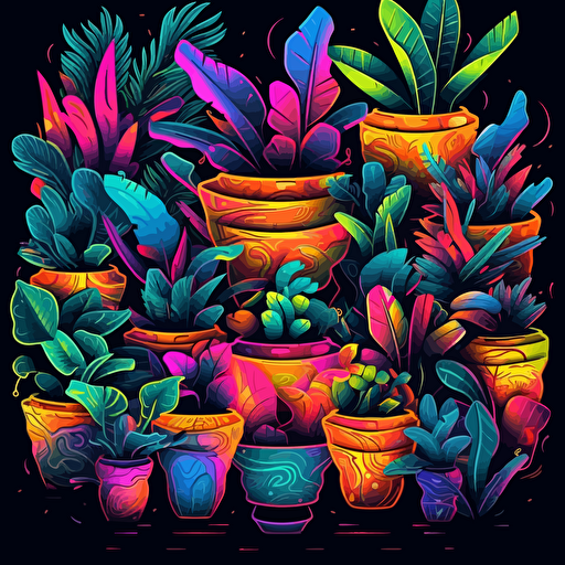 plant pots surrounded by elegant leaf motifs, neon colours, epic composition, vector design on the edges of the image