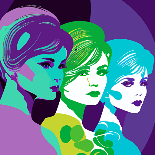 vector illustration of three 1960's ladies in pop art style in blue, purple, green and white 5k