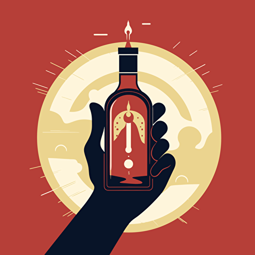 man's hand holding a bottle with liquid inside, 5 fingers on hand, hand raised up, vector, Tom Whalen style