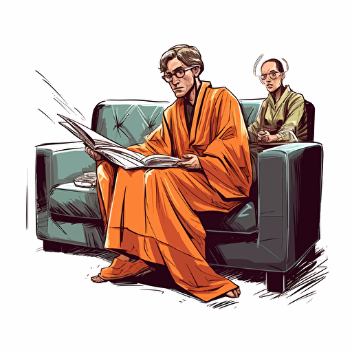 luke skywaker in jedi robes holding a lightsaber, lying on a psychiatrists couch looking worried and confused. as a psychiatrist wearing a suit and wearing glasses, writing in a notebook, is sat opposite in a big leather chair, comic book style vector drawing white background