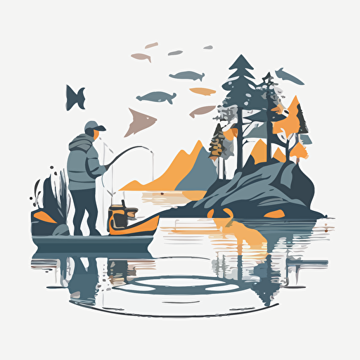 fisherman reeling in fish, lake, simple outline and shapes, flat vector, white background, ar9: 11