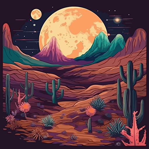 vector design, celestial landscape desert, boho hippie cactus landscape desert, neon moon, vectoc