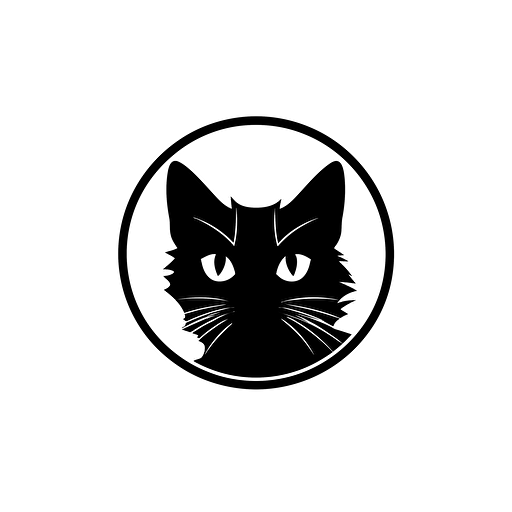 cat logo black and white, very introverted, circle, simple vector, illustrator, white background, full HD