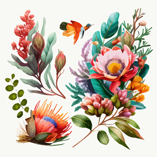 A collection on TRANSparent background with australian native flowers, watercolour, vector, clipart, intricate, ultra