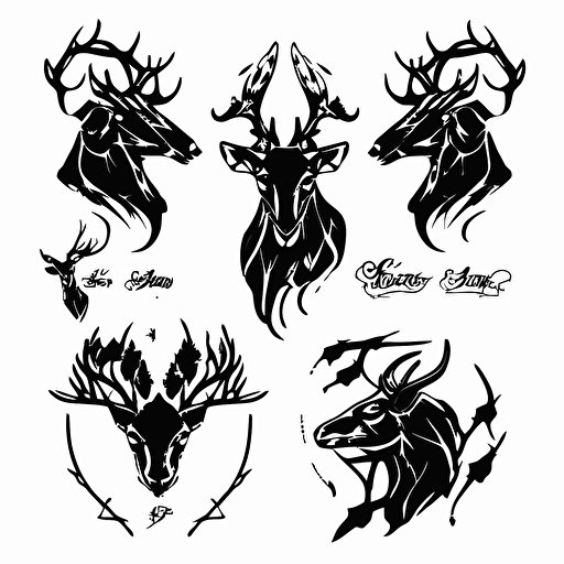 set of black deer logos, black ink vectors, white background