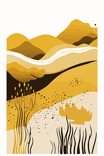 Mustard yellow and beige watercolour abstract landscape, Minimalist, vector, contour