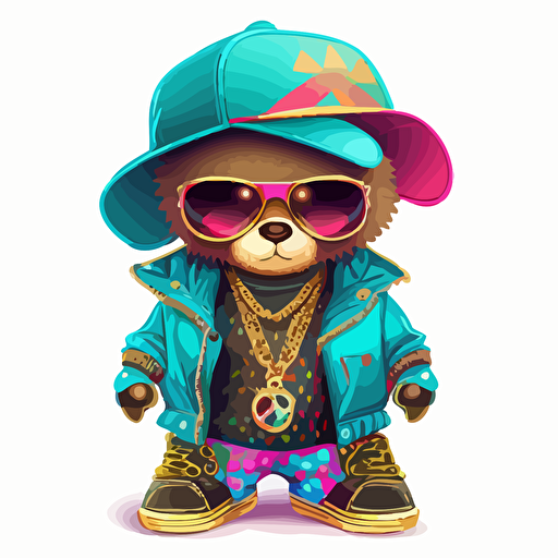 Vector Art ai make me a teddy bear wearing hip hop gear with gold chains, sun glasses, hip hop hat, jacket, jordan sneakers shoes with a white background in the style of lisa frank, charlie bowater, and rus trans