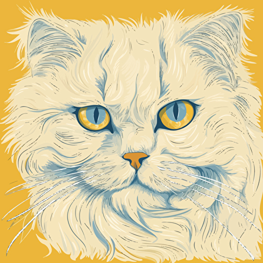 Angora cat, almond eyes, one eye is yellow, one eye is blue, ears are erect, have a hairy structure, paws should be around the background, a vector drawing, like an old poster