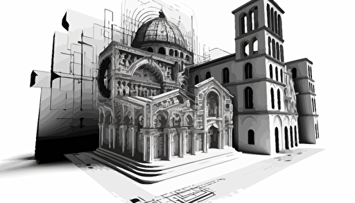 A detailed technical 3-dimensional sketch of a dense latent voxel space with only thin arrows of a machine learning model architecture analysis of an image of a Christian religious icon, with religous building in the background with thousands of arrows, an image consisting of a lot of vectors, a charcoal sketch with white background