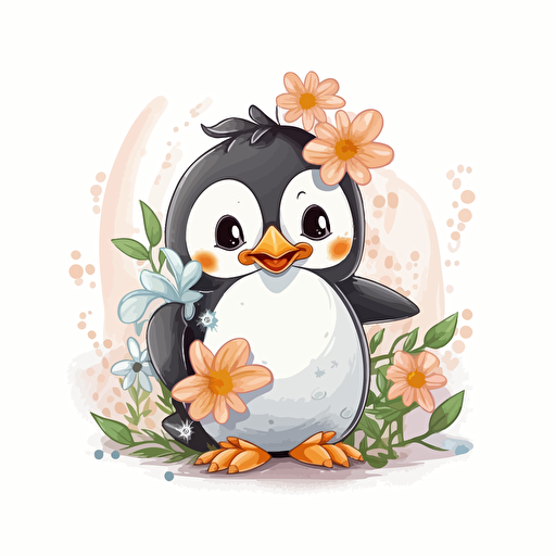 cute good luck penguin, flowers, detailed, cartoon style, 2d clipart vector, creative and imaginative, hd, white background