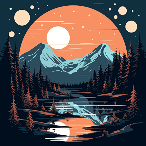 vector art of mountains with moon in the sky trees and a river