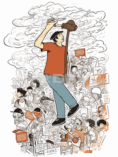 Ben Shahn, American comic art book inner paper style. There are an Asian young climate activist, a delivery rider, a female human rights activist, and a worker, and they imagine a "hammer" together on a big stage, hammer illust in a thought cloud, non-letter illustration. white background, vector