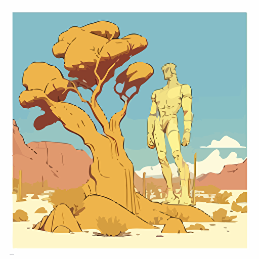 giant statue submerged in desert sand surrounded by yucca trees by moebius, comic book style, 2d vector art, flat colors