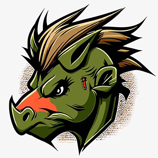 warthog human hybrid, head shot, profile, cartoon eyes, friendly but focused, wry smile, vector logo, vector art, emblem, simple, cartoon, 2d