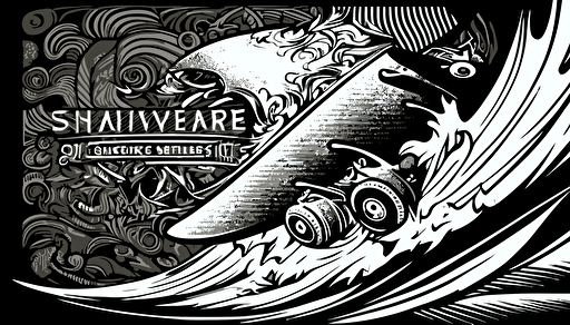 logo, vector style, no text, Quicksilver style, in the style of sumatraism, oshare kei, piles/stacks, silver, reefwave with skate board wheels at the bottom, captured essence of the moment