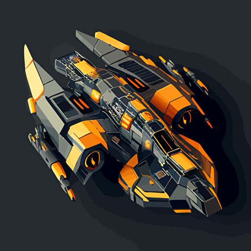 futuristic space ship, top down, isometric, orange and grey, black background, minimalistic, vector