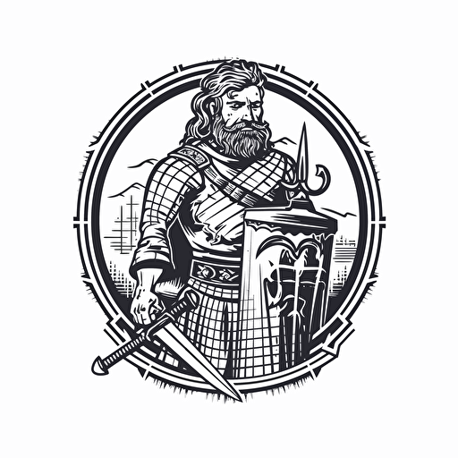 william wallace scotish warrior in kilt vector art drawing, tick outline, logo, isolated on white background