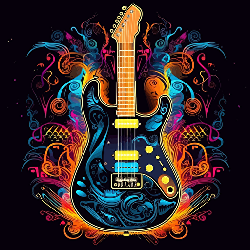electric guitar, surrounded by elegant musical motifs, 2d vector, neon colours, epic composition, vector design on the edges of the image