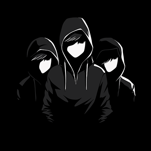 logo, a family 3 people with hoodies , face in the dark, from mid chest, vector style, flat 2d, black and white