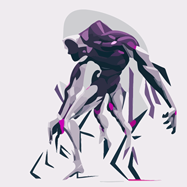 vector illustration, dynamic pose, flat colors, white, purple and dark grey color scheme