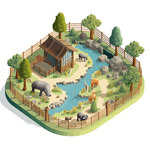 isometric cartoon vector style image of a zoo enclosure with broken fence