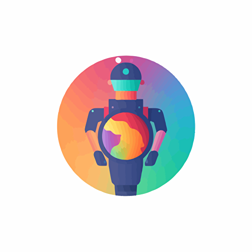 flat vector logo of circle, gradient, Robot wrapped around earth, simple minimal, by Ivan Chermayeff