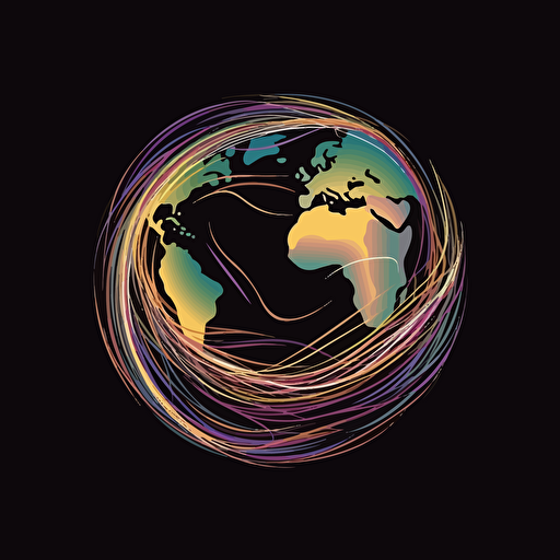 earth on black background, 2d vector, light trails, purple, yellow, white, orange, green and pastel colors