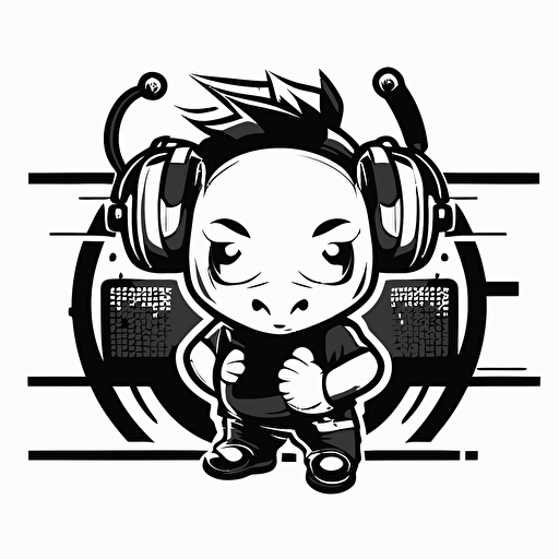 mascot logo of a dj pig with earphones, esports style, black and white, 2D vector logo, flat, white background,