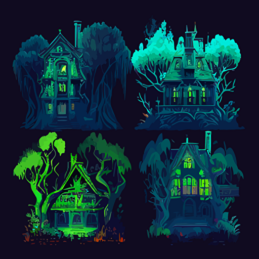 vector haunted house set back in woods, glowing green windows, transparent ghosts