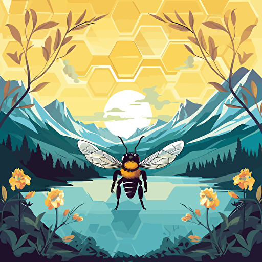 create a wallpaper of nature, include bees, ice cold mountian behind, vector, leave a place for logo more to the left, use only 5 colors,