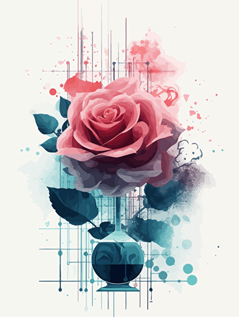 Science, technology and roses，modern minimalist illustration，A clean background, Gradient color, Vector，White background