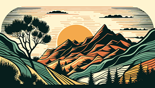 retro mountain lanscape, vector, contour