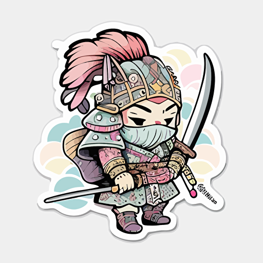 Samurai, Sticker, Cute, Pastel, Digital Art, Contour, Vector, White Background, Detailed