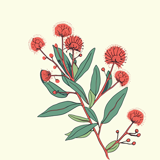 a vector flat image of a single stem of gum flowers up close. No shading. Block print red pink and green. Simple.