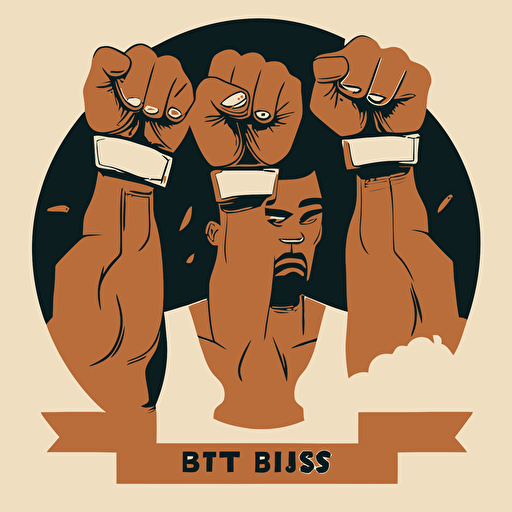 flat vector art, logo for book club, three fists in the air, white and brown peoples fists, book