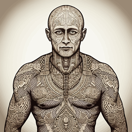Putin, torso, vector, highly detailed, gritty, Aztec tatoos