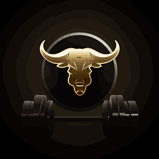 Pictogram logo bull head over a golden weight plate, gym, Background black, vectorart, high Quality, UHD, menacing, Strong
