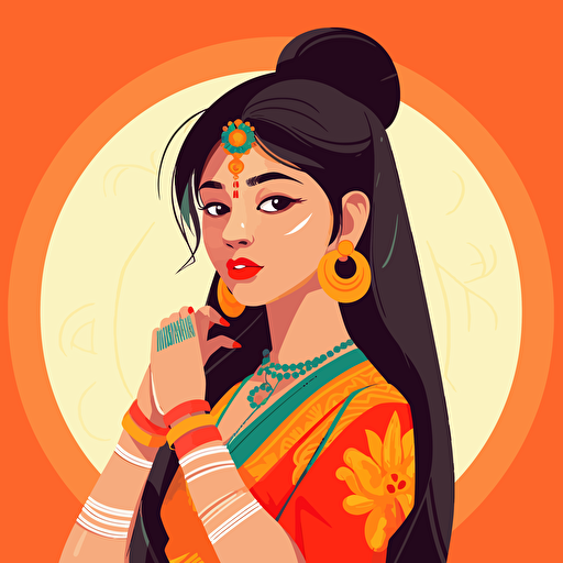 asian indian female, anime style flat vector illustration
