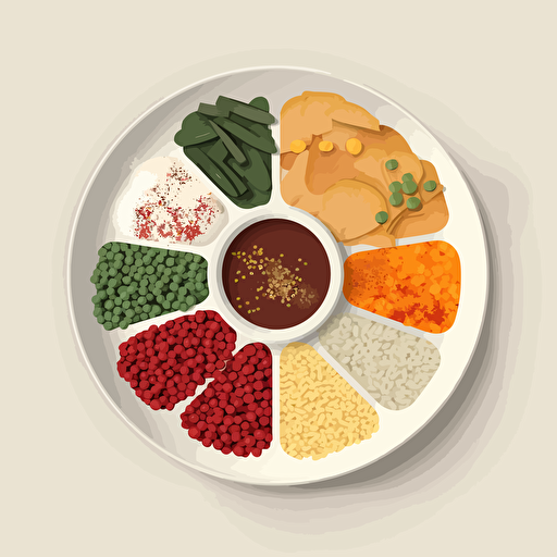 Minimalist vector illustration of indian food plate. Top perspective closeup on a white table. Strong light and shadow. Use only 6 colors. Style of Malika Favre and Owen Davey