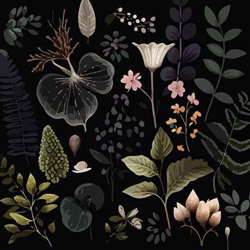 small elements, black background vector illustration style botanical garden, seamless pattern, wallpaper