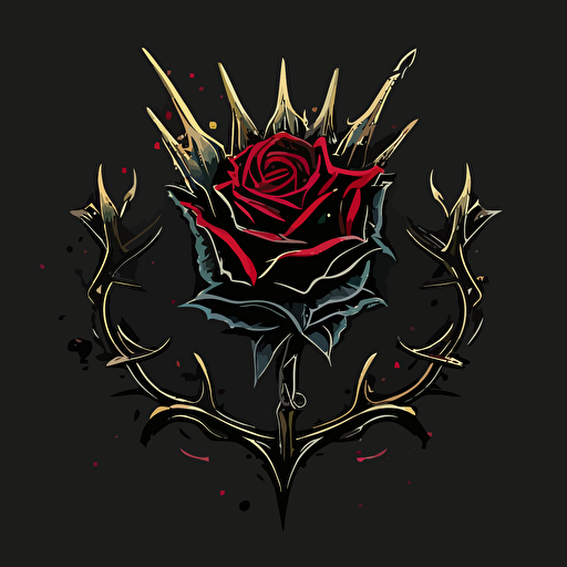 A thorny rose with a crown on its head, vector logo, black background, minimalistic, simple v5