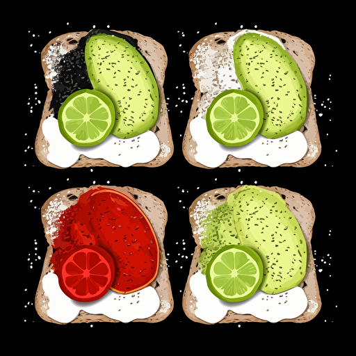 top-shot of: Avocado Toast with Bread, Avocado, Salt, Pepper, Lemon juice. black, white green, red vector design, raster work,