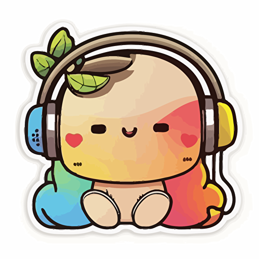 sticker, happy colorful shihpooh wearing headphones, kawaii, contour, vector, white background