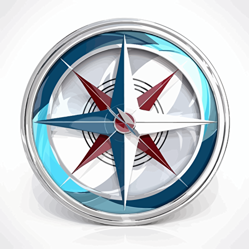 Design of professional logo featuring a futuristic compass clipart in stainless steel a white background. Include curves as an additional design element. vector style . Blue white and red
