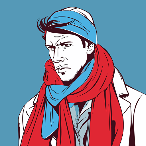 A man in a blue scarf, has a cold, with a red nose. Outline simplified, stylized cartoon illustration with vector fills.